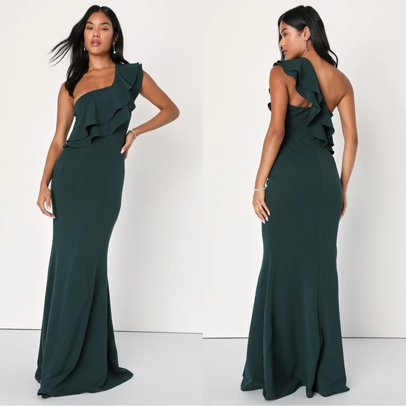 NWOT Lulus Grand Beauty Emerald Ruffled‎ One-Shoulder Mermaid Maxi Dress - Picture 1 of 7